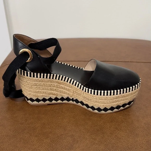 Tory Burch dandy ankle wrap,black leather espadrille Platform